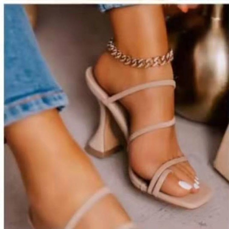 Fashionable Outer Wear Solid Color Square Toe High-heel Sandals And Slippers