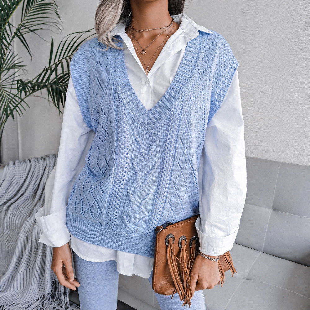 European & American Hollow Out Cable Knit V-Neck Sleeveless Sweater