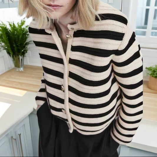 Buckle Striped Classic Style Knitted Cardigan Sweater Short Coat
