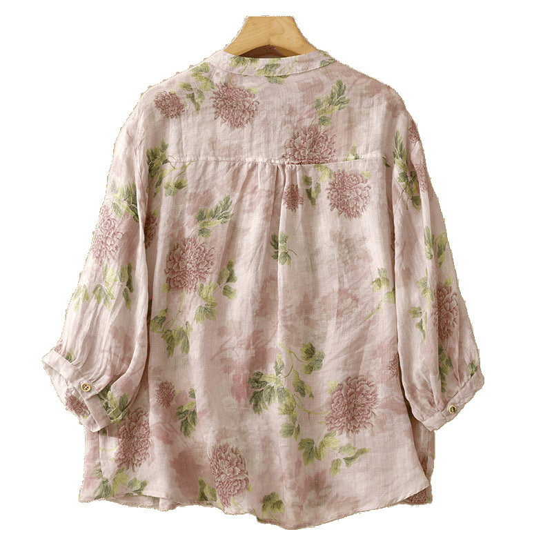Sweet Doll Shirt With A Round Neck Three-quarter Sleeves And A Delicate Peony Floral Print On Ramie Fabric