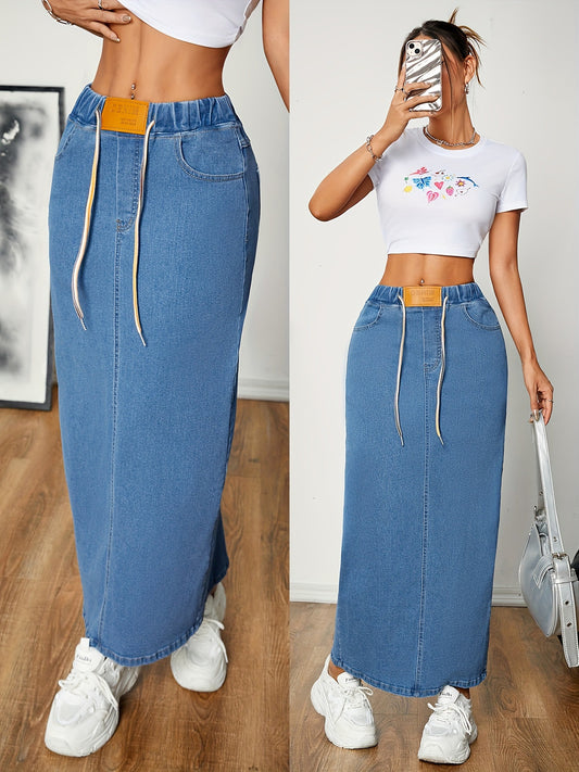 Womens A-line Denim Skirt With A Drawstring Waist For A Snug Or Loose Fit