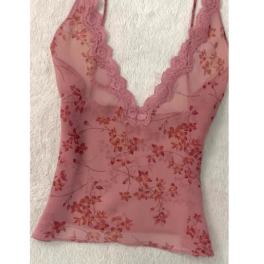 Rød blonde strop blomstret top damevest