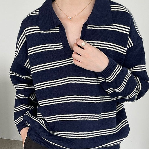 Strikket stribet sweater i koreansk idle-stil med polokrave