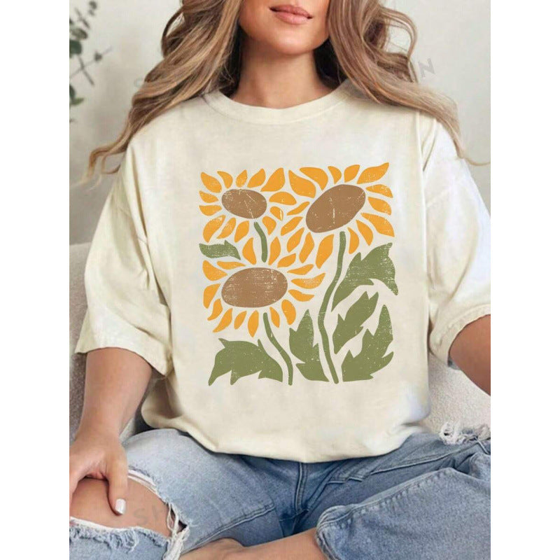 Dame T-shirt med solsikkeprint og rund hals