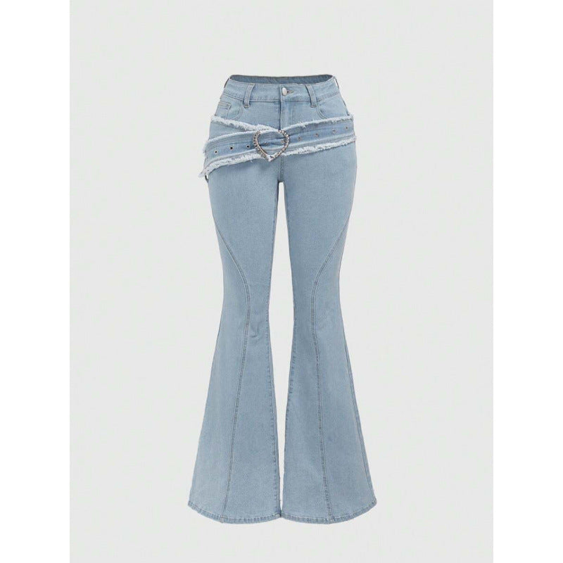 Punk-style Vintage Metal Heart-shaped Belt Frayed-edge Jeans