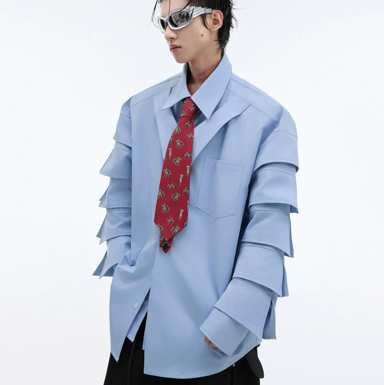 Split Padded Shoulder Fake Two Pieces Shirts Pleated Design Three-dimensional