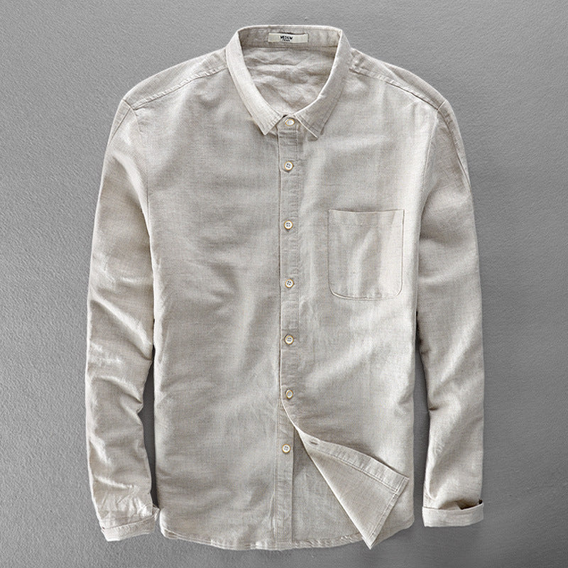 Spring And Autumn Men's Solid Color Long Sleeve Linen Shirt Cotton Linen Fabric