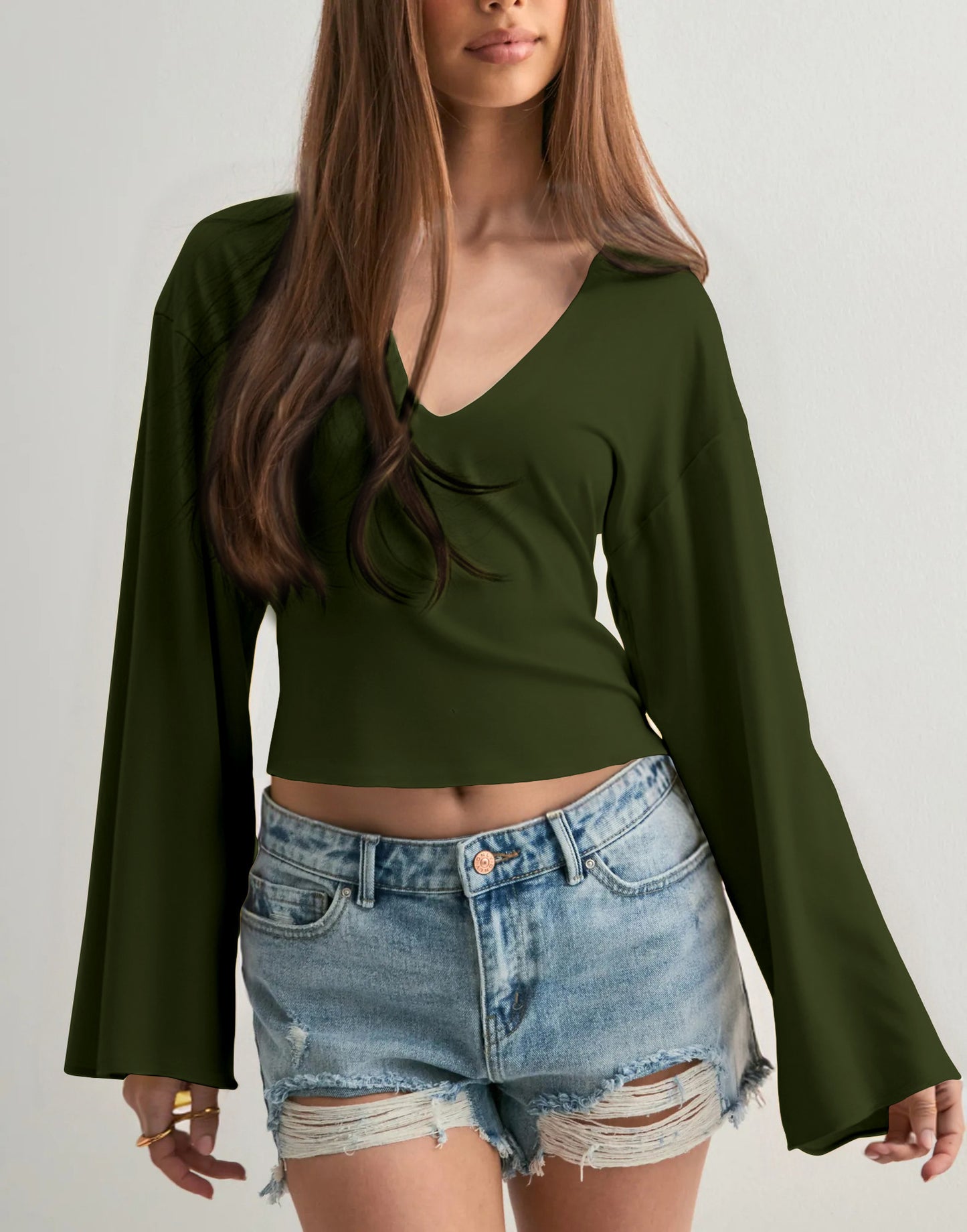 Summer And Autumn New Solid Color And V-neck Flared Long Sleeve Slim Fit