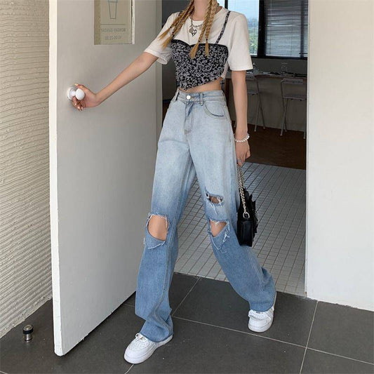 Women's Trendy Gradient High Waist Slim Ripped Jeans