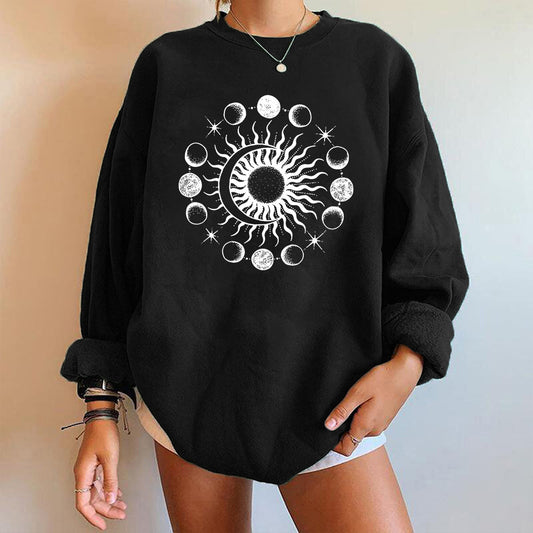 Stjernehimmel Sol Og Måne Tryk Europæisk Og Amerikansk Mystisk Tredje Øje Drop-Shoulder Langærmet Sweater