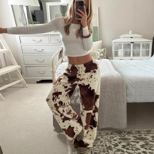 Womens Relaxed-Fit Printed Fleece Casual Pants