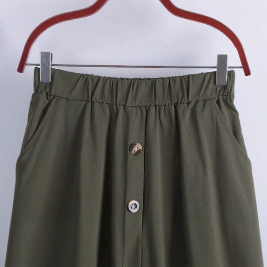 Japanese Style All-matching Button Elastic Waist Big Hem Skirt