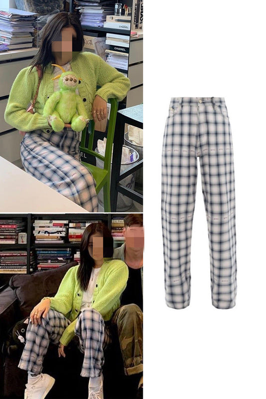 Women's High-waisted Plaid Loose Straight Wide Leg Pants