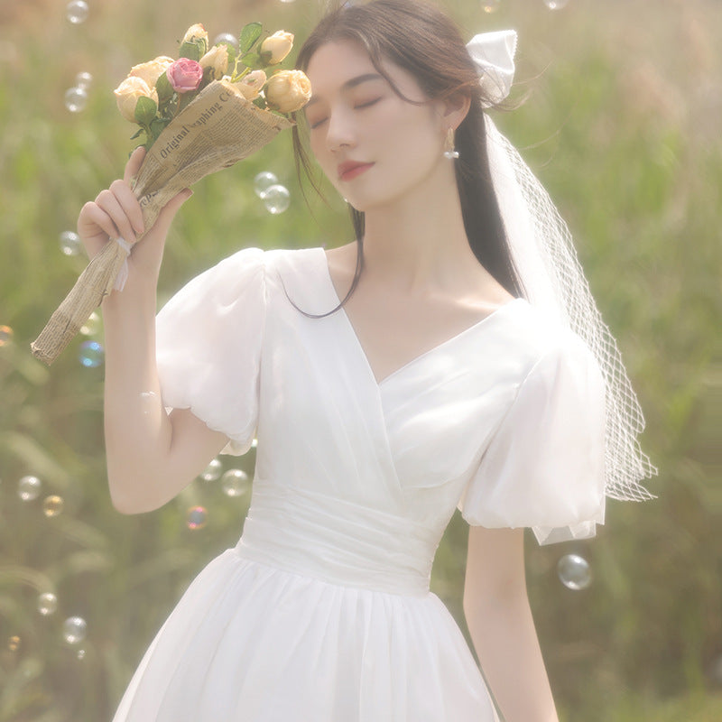 Temperament V-neck French Birthday Travel Light Wedding Dress