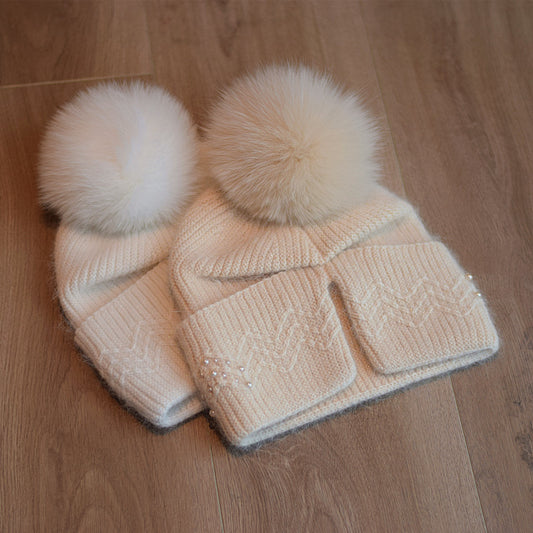 Fox Fur Ball Knitted Hat Children