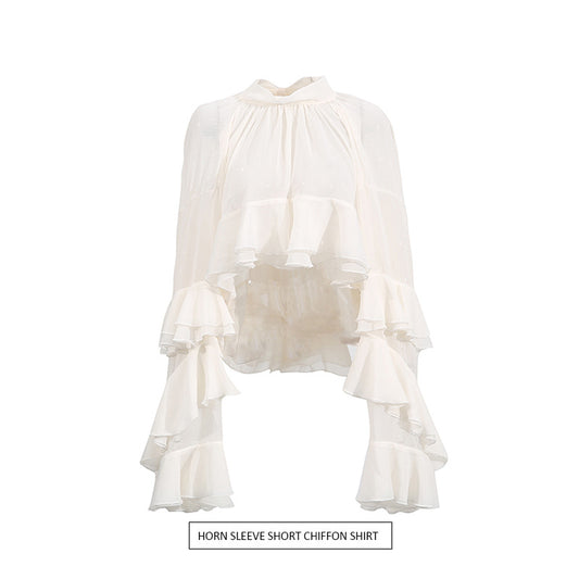 Fashion Casual Long Sleeve Layered Ruffled Short Chiffon Shirt