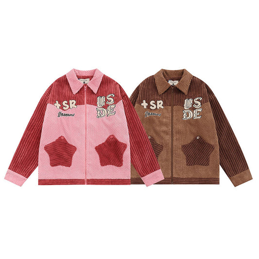 Corduroy Stitching Couple Coat Vintage Baseball Jacket
