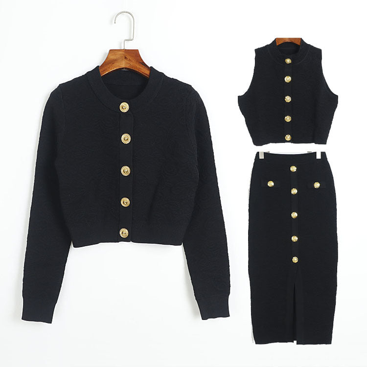 French-style Solid-color Knitted Three-piece Set With A Forked Skirt
