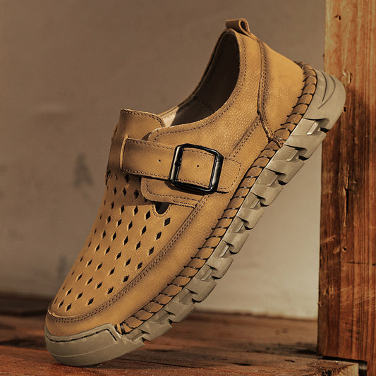 Mens Breathable Stitched Plus-Size Casual Leather Shoes