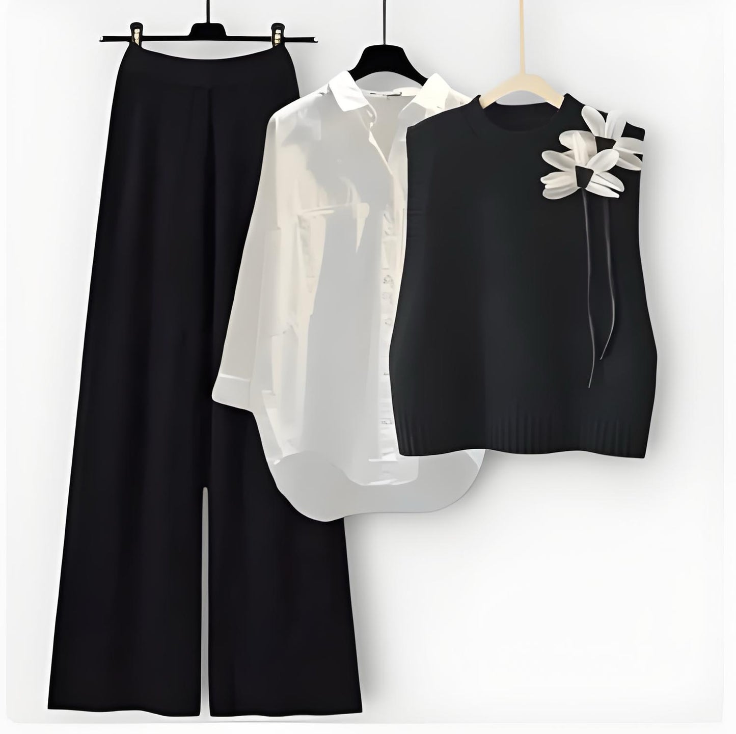 Casual Single-Breasted Shirt Bow-Decorated Knitted Vest And Casual Pants Three-Piece Set