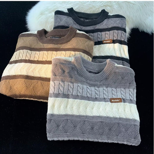 Men's Fashionable Retro Twisted Contrast Color Striped Sweater