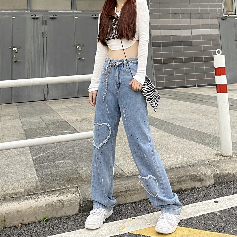 Design Børstet Hjerte Patch Straight Jeans