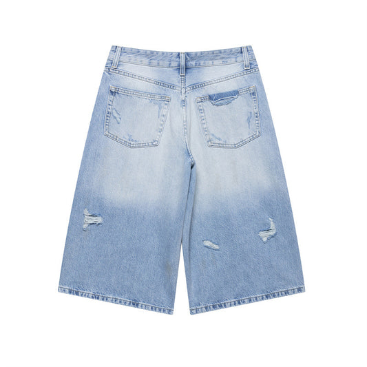Perforated Hole Decoration Mid-waist Denim Casual Shorts