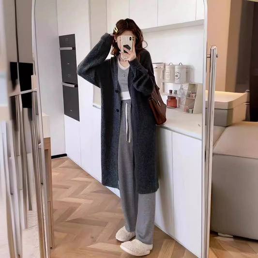 Knappet Ensfarvet Lang Strikket Cardigan Sweater Frakke
