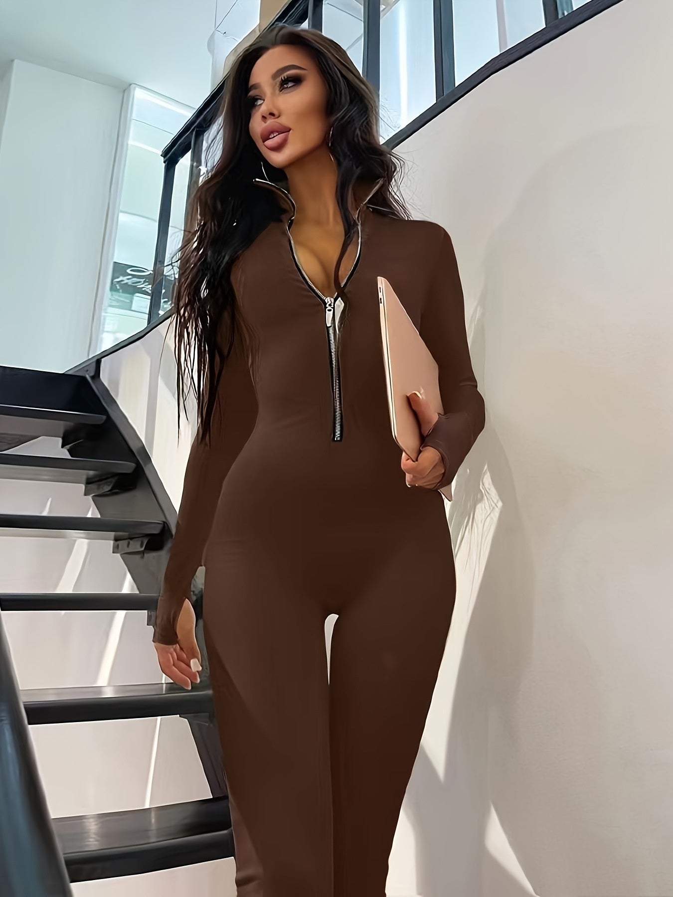 Long Metal Zipper Slim Fit Sports Jumpsuit