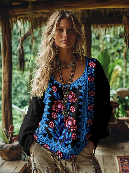Women's Vintage Ethnic Floral Print Linen Long Sleeve Blouses