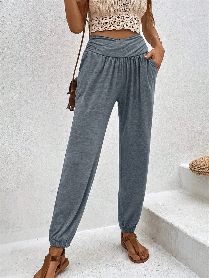 Casual Loose Pocket High Waist Ankle-tied Trousers For Women