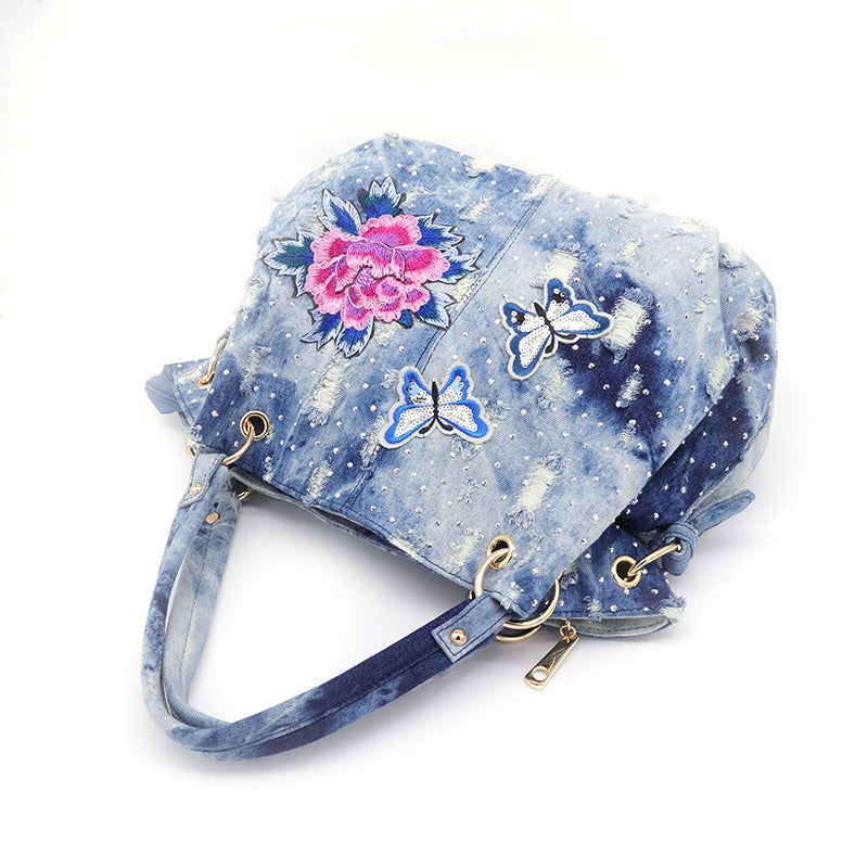 Multifunctional Casual Washed Denim Floral Shoulder Bag
