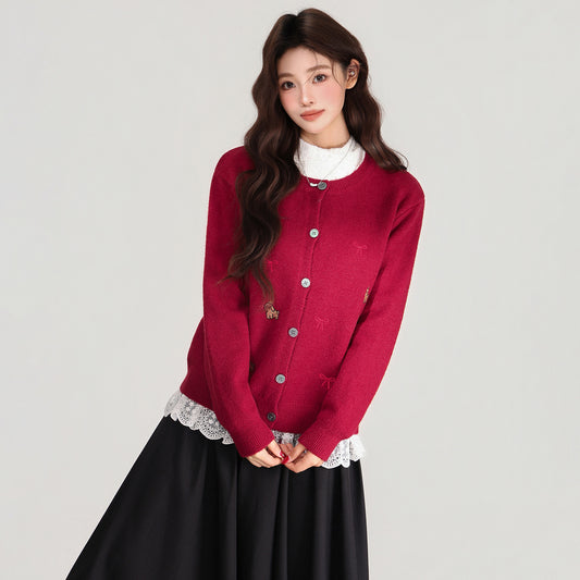 Red Embroidered Button Front Long Sleeve Knitted Cardigan Women's Sweater
