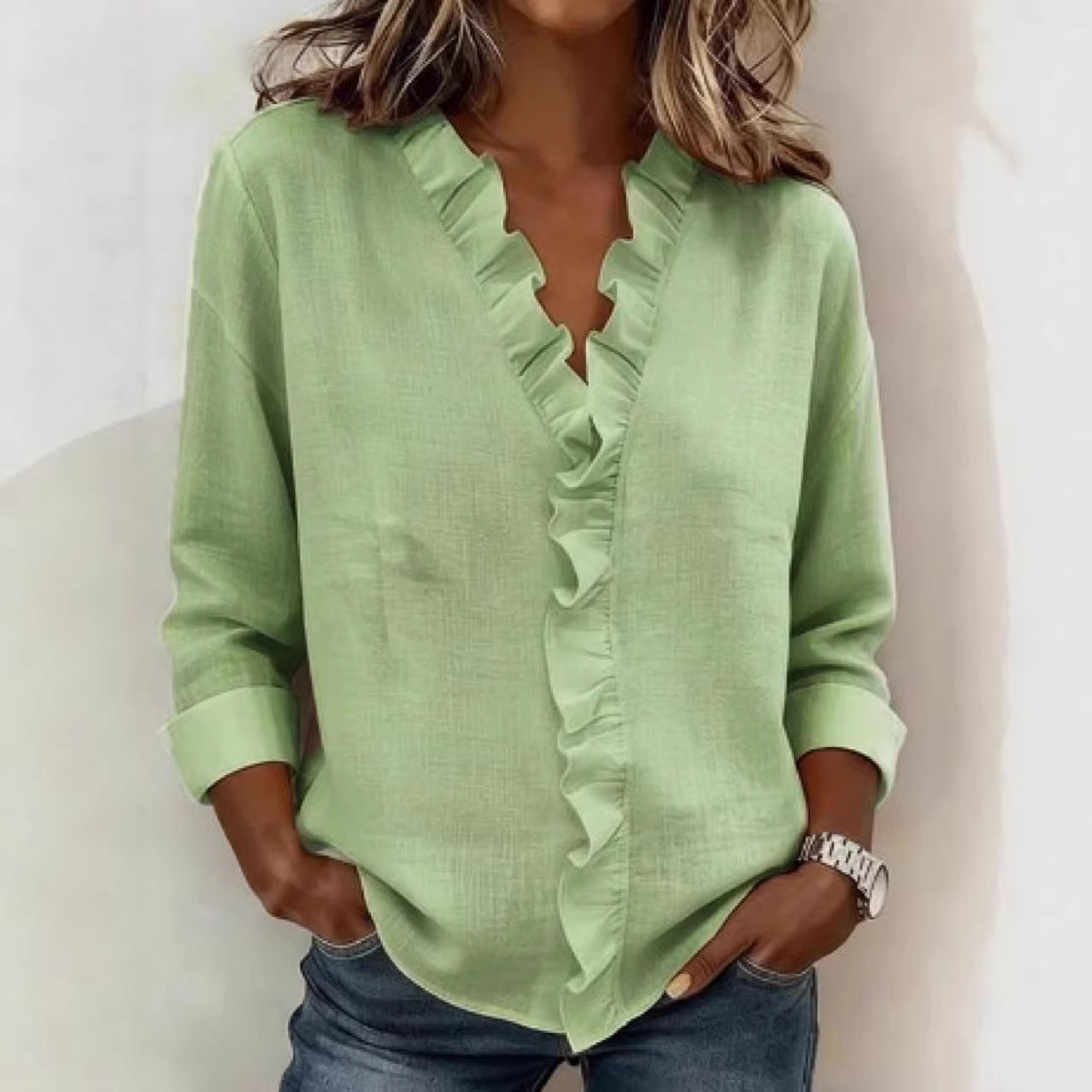 Ruffled Long Sleeve Cotton Shirt
