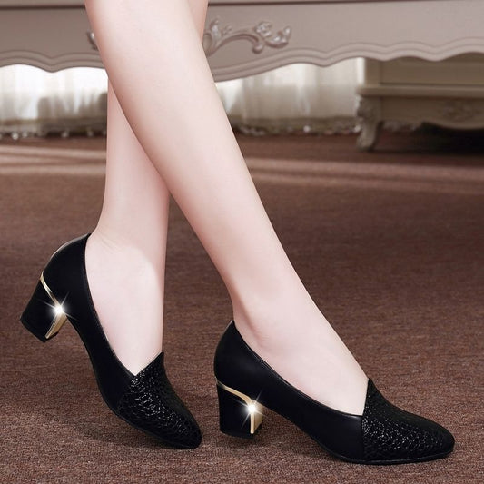 Pointed Single Shoes Women's Middle Heel Thick Heel Shoes Large Size Work Shoes