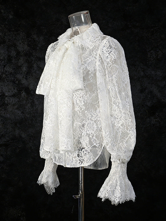 Lantern Sleeve Bow Tie Lace Embroidered Shirt
