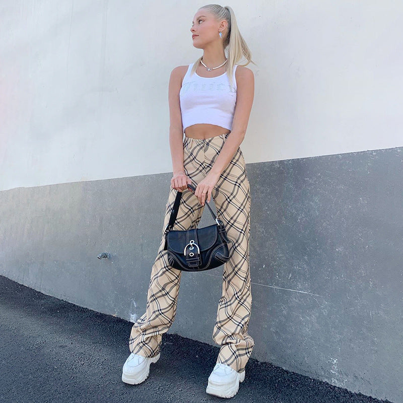 Check casual straight-leg pants