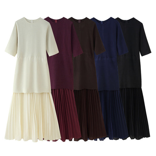 Fashionable Elegant Brown Patchwork Pleated Dress