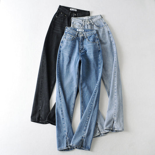 High waist floor split straight jeans