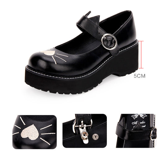 Round Toe Lolita Original Embroidery Cat Love Platform Shoes