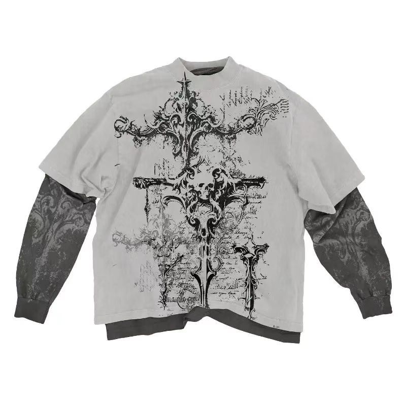 Trendy T-shirt med graffitiprint og imiteret to-delt top
