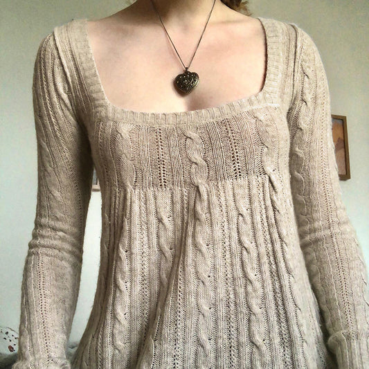 Retro Low Collar Square Collar Twisted Khaki Sweater