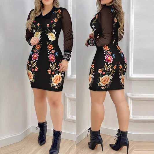 Womens Mesh Long-Sleeve V-Neck Slim-Fit Printed Dress