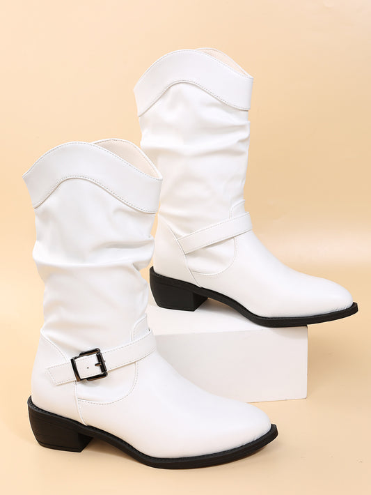 Large Size Pleated Belt Buckle Thick Heel Mid-tube Round Toe Rider Boots Women's