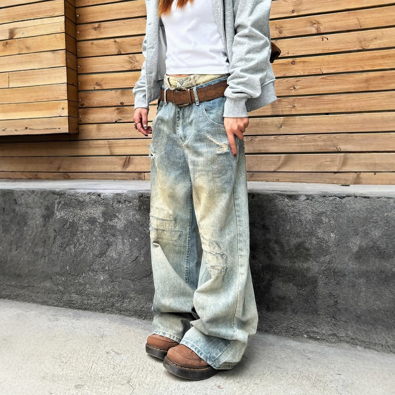 American Stitching Double Waist High Street Gamle Ripped Dirty Jeans All-match