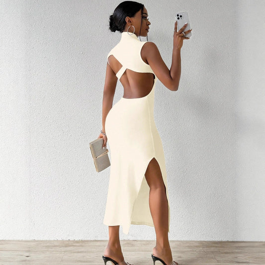 Backless Stand-up Collar Side-slit Bodycon Dress