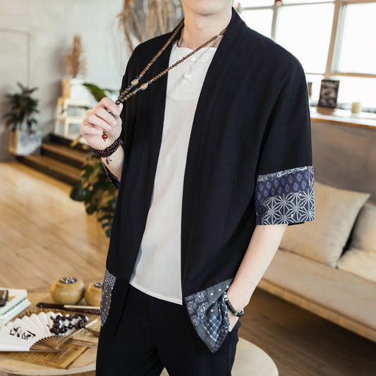 Men's cotton linen cardigan jacket cloak shirt