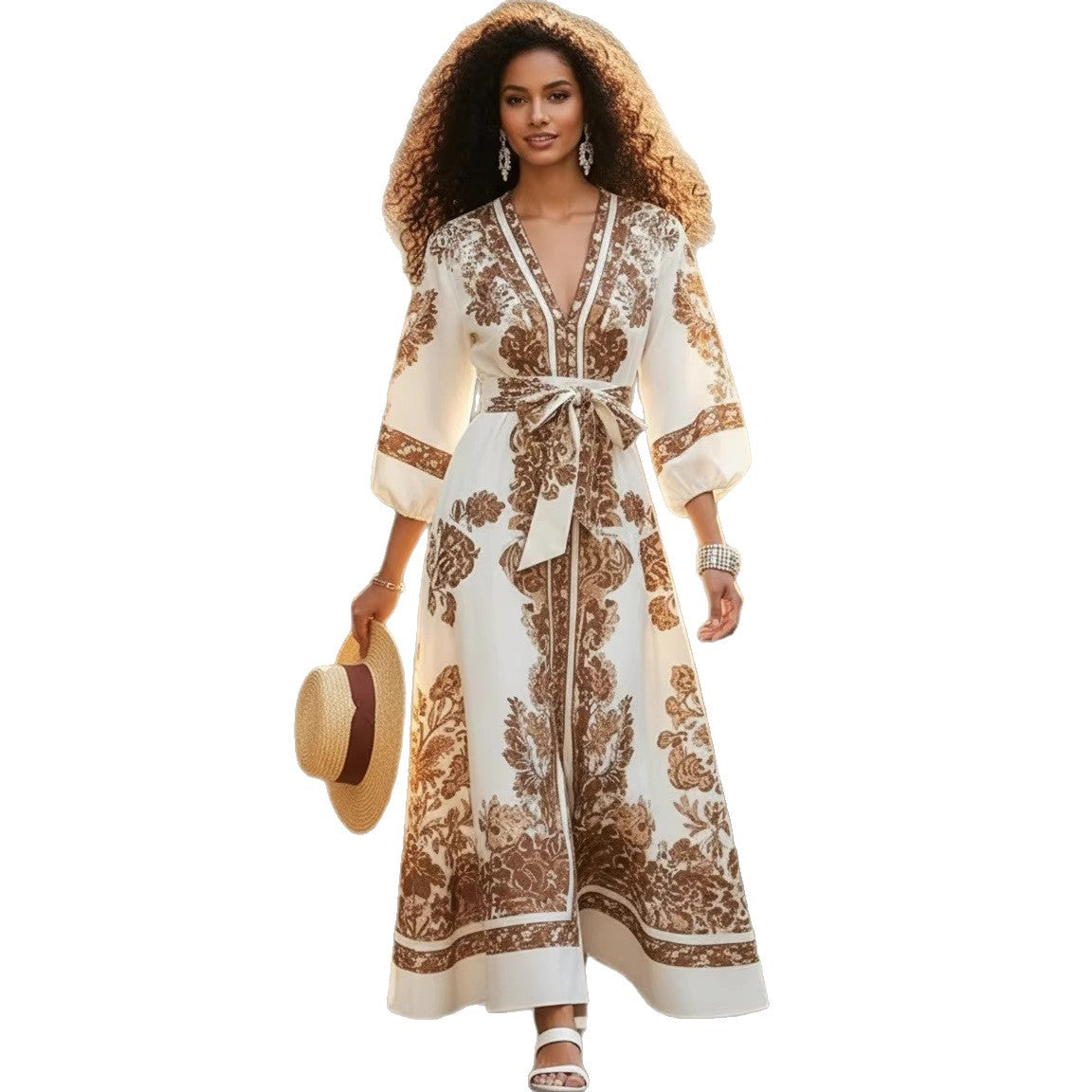 Elegant Printed V-Neck Dress With Puffed Sleeves