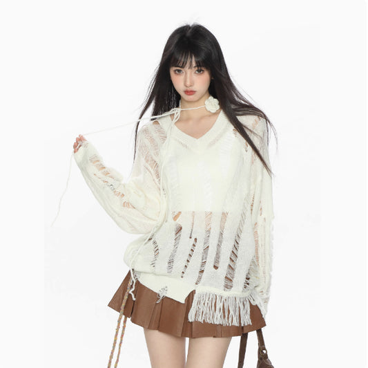 Micro Transparent V-neck Sweater Cutout Blouse Long Sleeve Women
