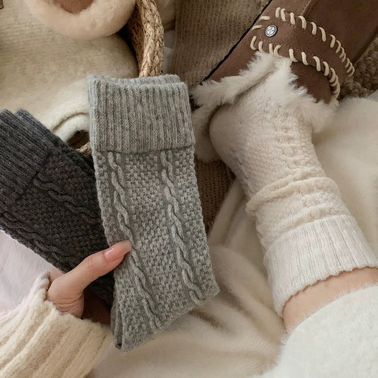 Womens Cable-Knit Wool-Blend Thickened Fleece-Lined Plush Warm Sleep Socks For Winter